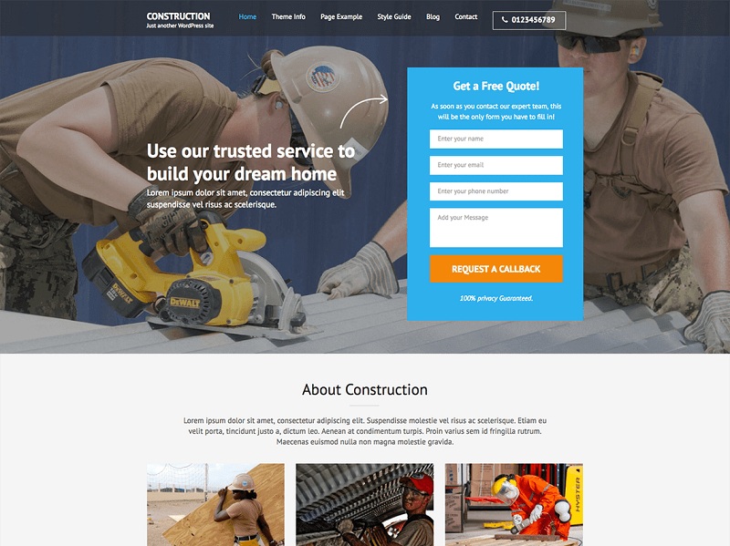 Construction Landing Page: landing page wordpress free