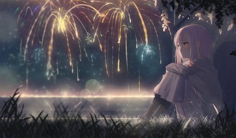 Anime girl, fireworks, sad expression, Anime, HD wallpaper