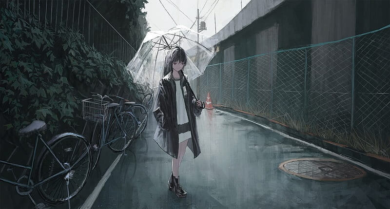 Anime girl, sadness, raining, street, coat, mood, Anime, HD wallpaper