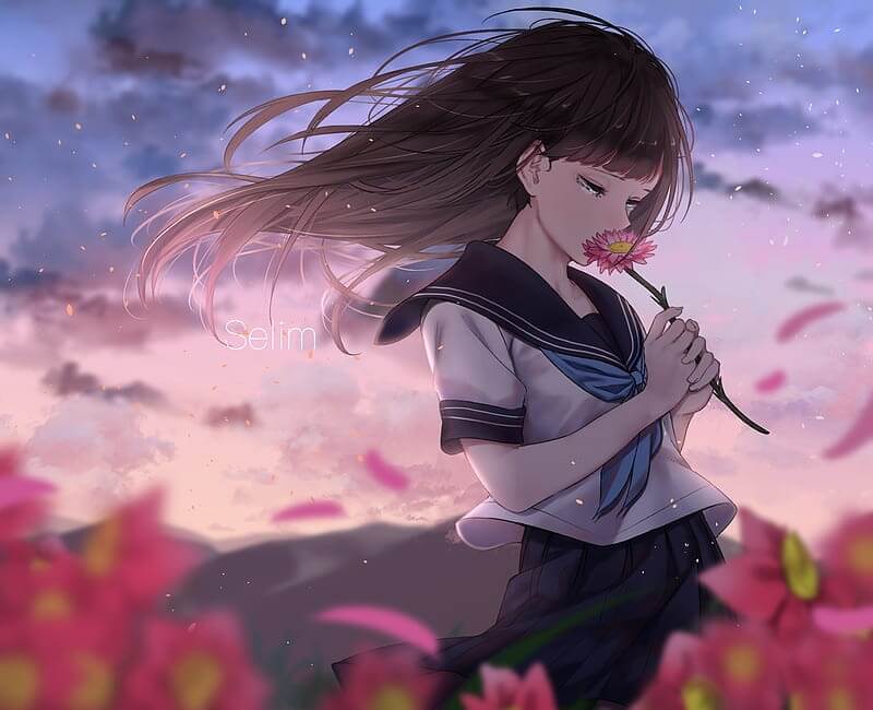 anime girl, teary eyes, sad expression, wind, flowers, Anime, HD wallpaper