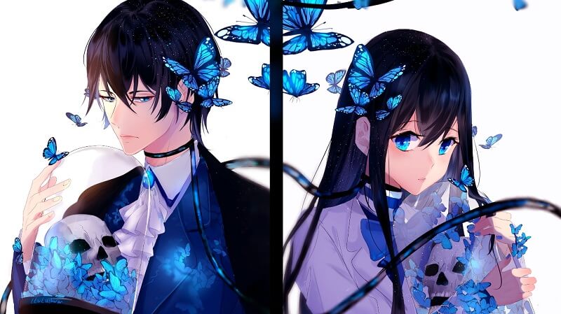 anime couple, romance, butterflies, shoujo