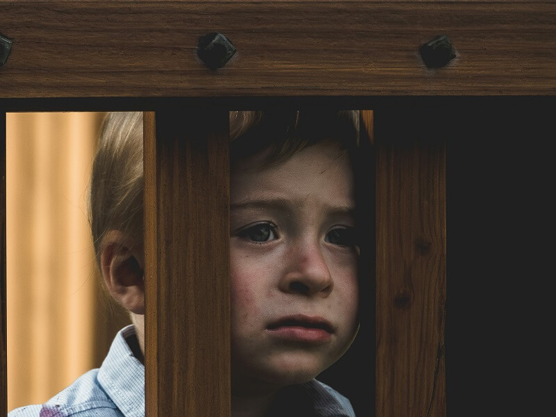 Boy leaning on brown wooden railings