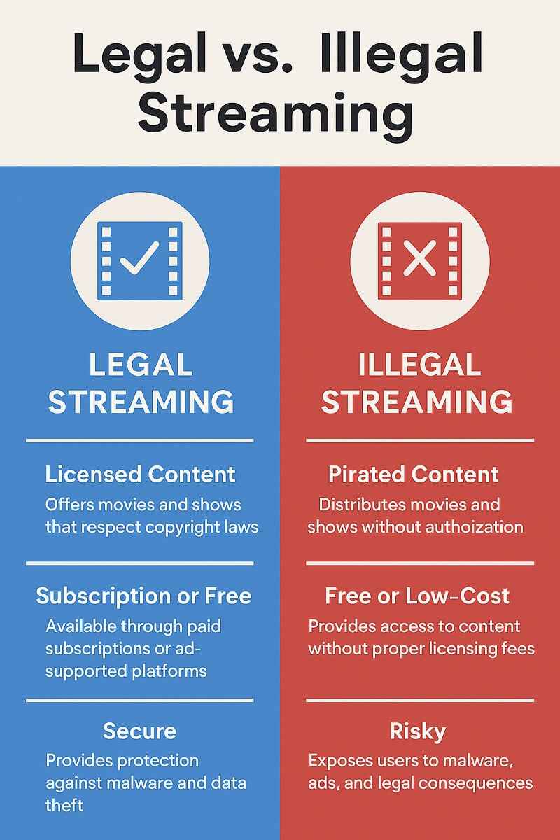 Infographic comparing legal vs. illegal streaming. The left side, in blue, highlights legal streaming with licensed content, subscription-based or free platforms, and security benefits. The right side, in red, shows illegal streaming with pirated content, unauthorized access, and risks like malware and legal consequences.