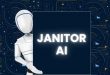 Janitor AI logo illustration with futuristic robot holding a sign, representing AI-powered chatbot technology and automation tools.