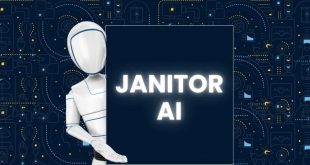 Janitor AI logo illustration with futuristic robot holding a sign, representing AI-powered chatbot technology and automation tools.