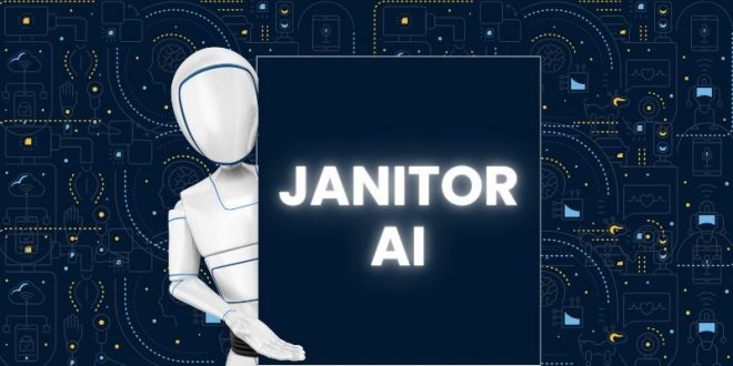 Janitor AI logo illustration with futuristic robot holding a sign, representing AI-powered chatbot technology and automation tools.